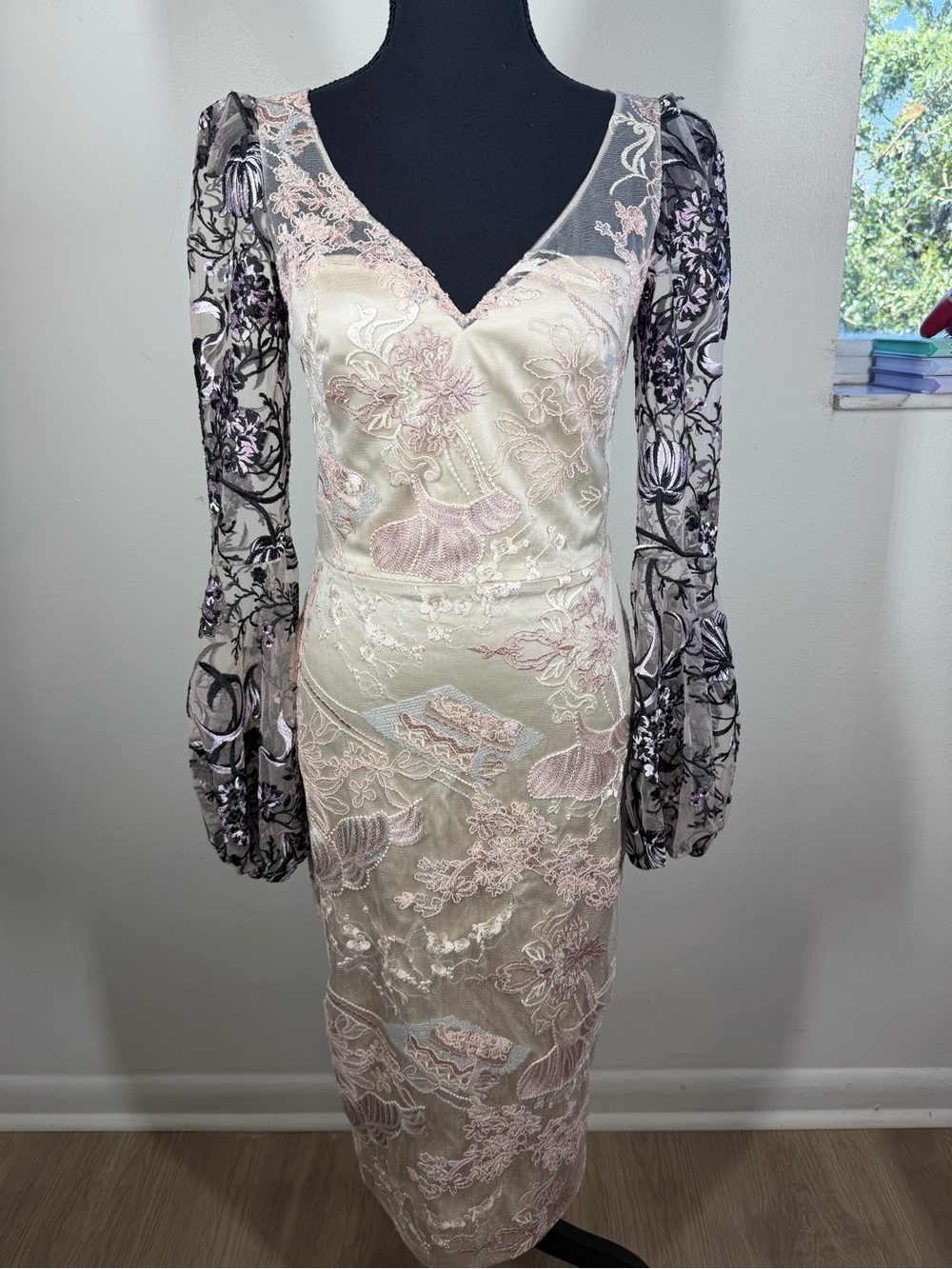 Theia Pink and Black Lace-Embroidered Midi Dress